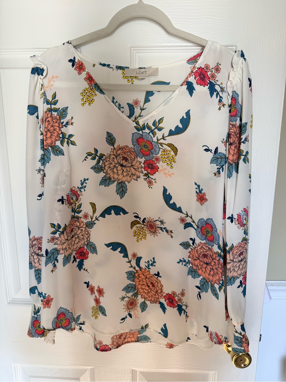LOFT White Floral V-Neck Blouse with Teal & Coral Accents